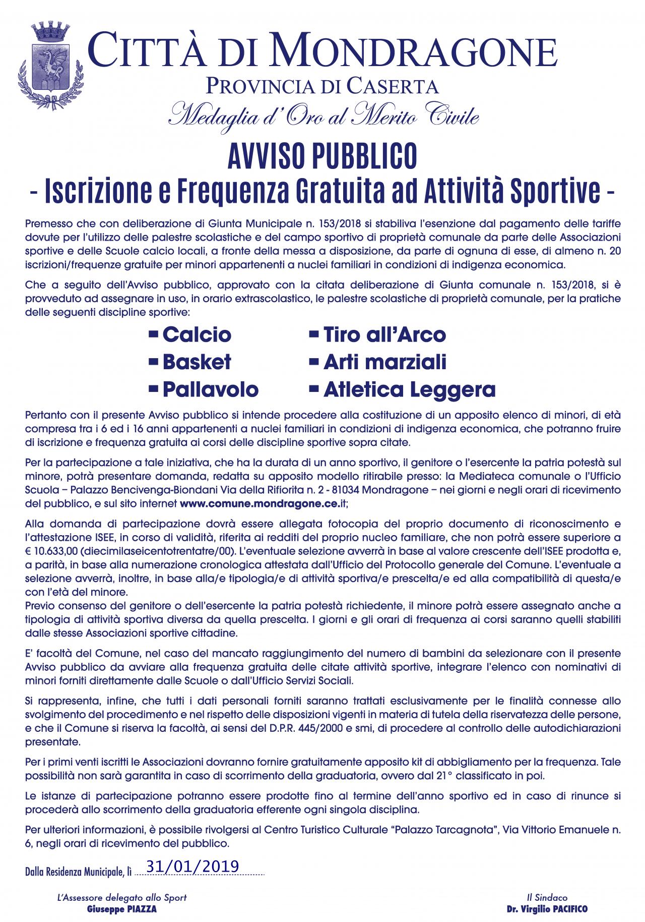 Manifesto iscrizione e frequenza gratuita palestre - 2019