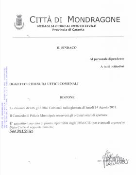 chiusura Uffici Comunali nella giornata di luned 