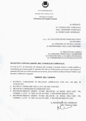 convocazione consiglio comunale per il 25 settembr