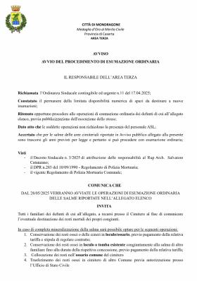 AVVISO  AVVIO DEL PROCEDIMENTO DI ESUMAZIONE ORDIN