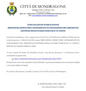 COMUNICAZIONE PUBBLICAZIONE  PROCEDURA APERTA PER 