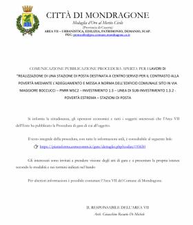 COMUNICAZIONE PUBBLICAZIONE PROCEDURA APERTA PER I