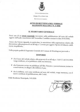 RETTIFICA DEL VERBALE ALLEGATO ALLA D.C.C. N.05/20