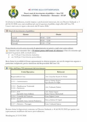 Nuovi orari di ricevimento al pubblico � Area VII 