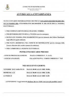 Avviso Uffici rilascio tessere elettorali Referend