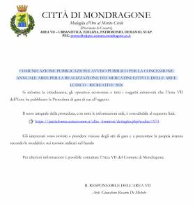 COMUNICAZIONE PUBBLICAZIONE AVVISO PUBBLICO PER LA