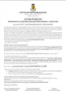 Avviso iscrizione Centro Sociale per Anziani- Annu