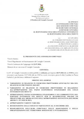 Convocazione Consiglio Comunale del 28 Luglio 2026