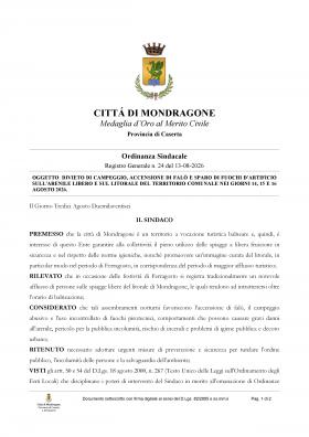ORDINANZA SINDACALE NEI GIORNI 14, 15 E 16 AGOSTO 