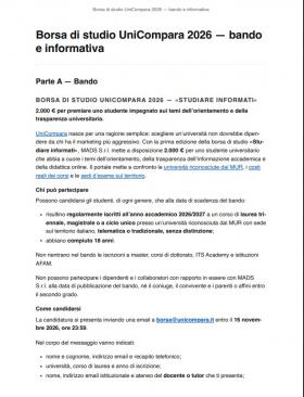 AVVISO BANDO BORSA DI STUDIO UNIVERSITA\' 