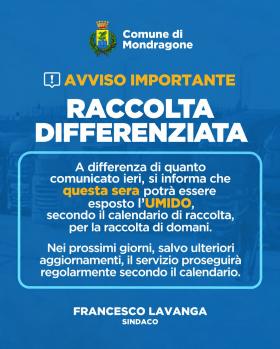 AGGIORNAMENTO AVVISO AI CITTADINI: RACCOLTA RIFIUT