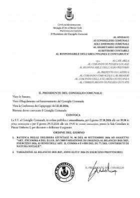 Avviso Convocazione Consiglio Comunale 27.10.2026